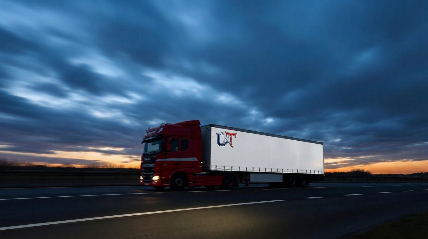 Articulated lorry travelling on a UK motorway at dusk